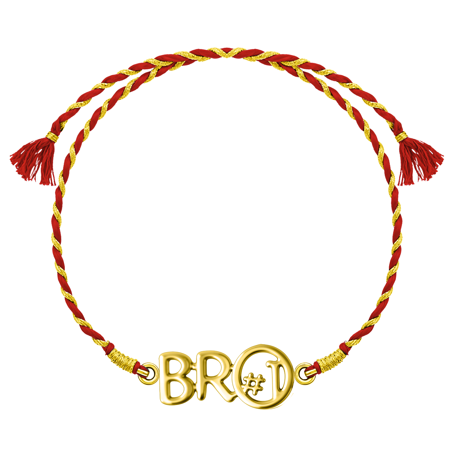 A 925 sterling silver rakhi for brother with a gold-plated 'Bro #1' hashtag motif on a braided red and gold thread.