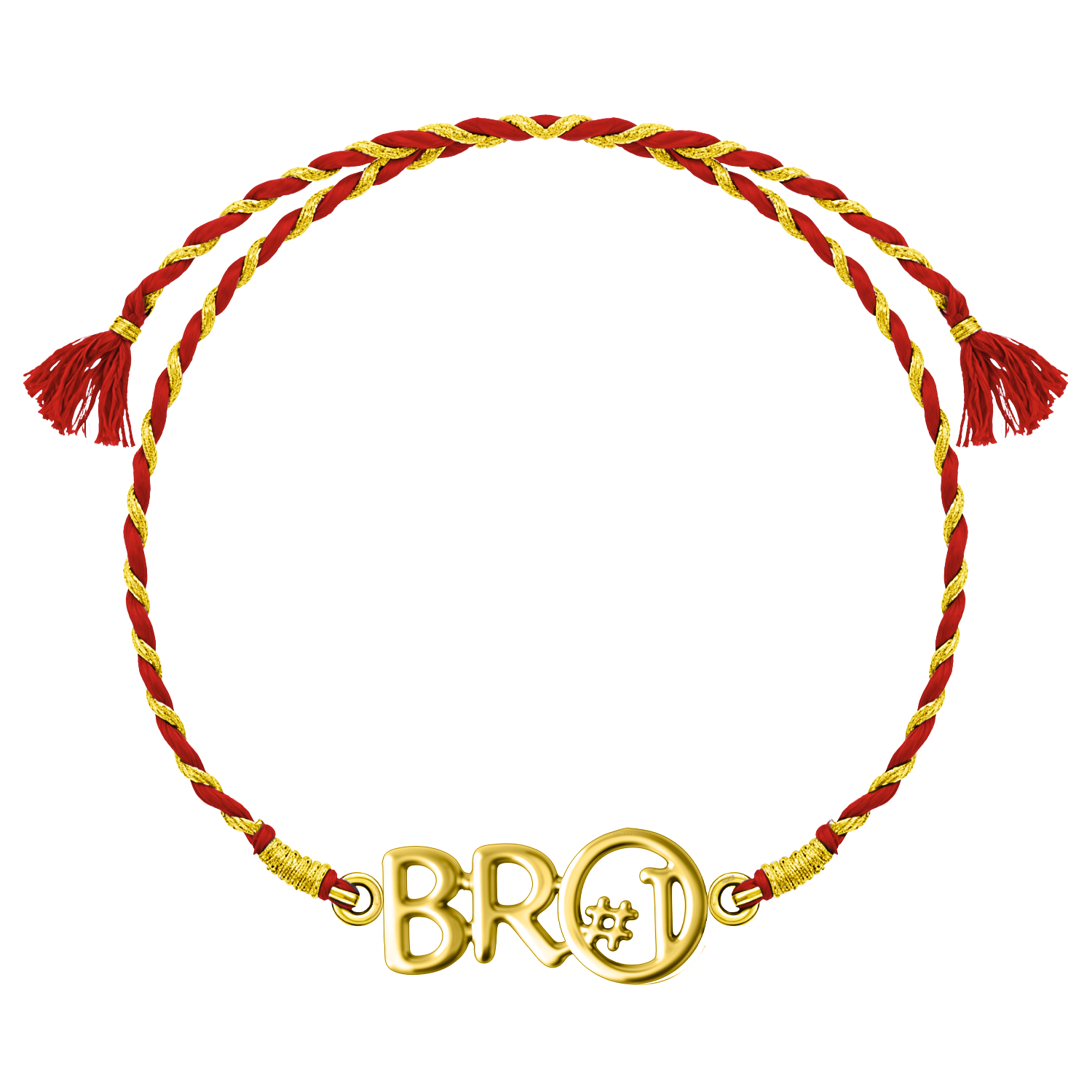 A 925 sterling silver rakhi for brother with a gold-plated 'Bro #1' hashtag motif on a braided red and gold thread.