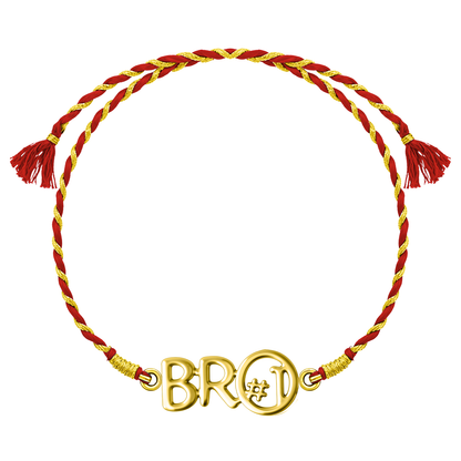 A 925 sterling silver rakhi for brother with a gold-plated 'Bro #1' hashtag motif on a braided red and gold thread.