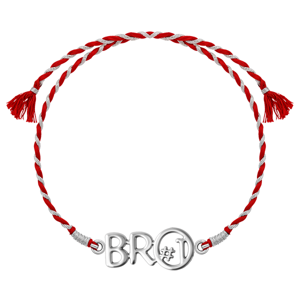 A 925 sterling silver rakhi for brother with a 'BRO #1' hashtag motif on a braided red and silver thread, shown on a white background.