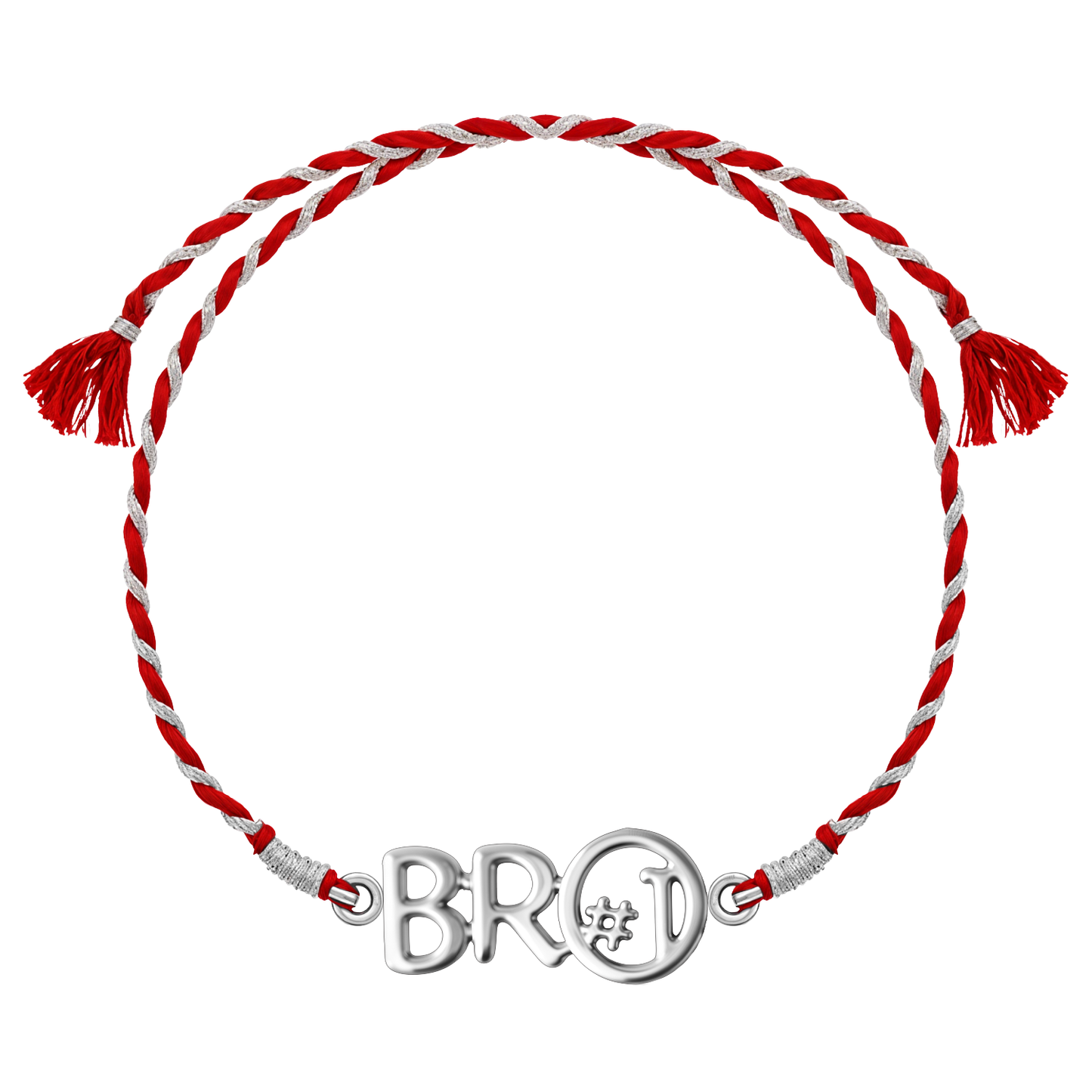 A 925 sterling silver rakhi for brother with a 'BRO #1' hashtag motif on a braided red and silver thread, shown on a white background.