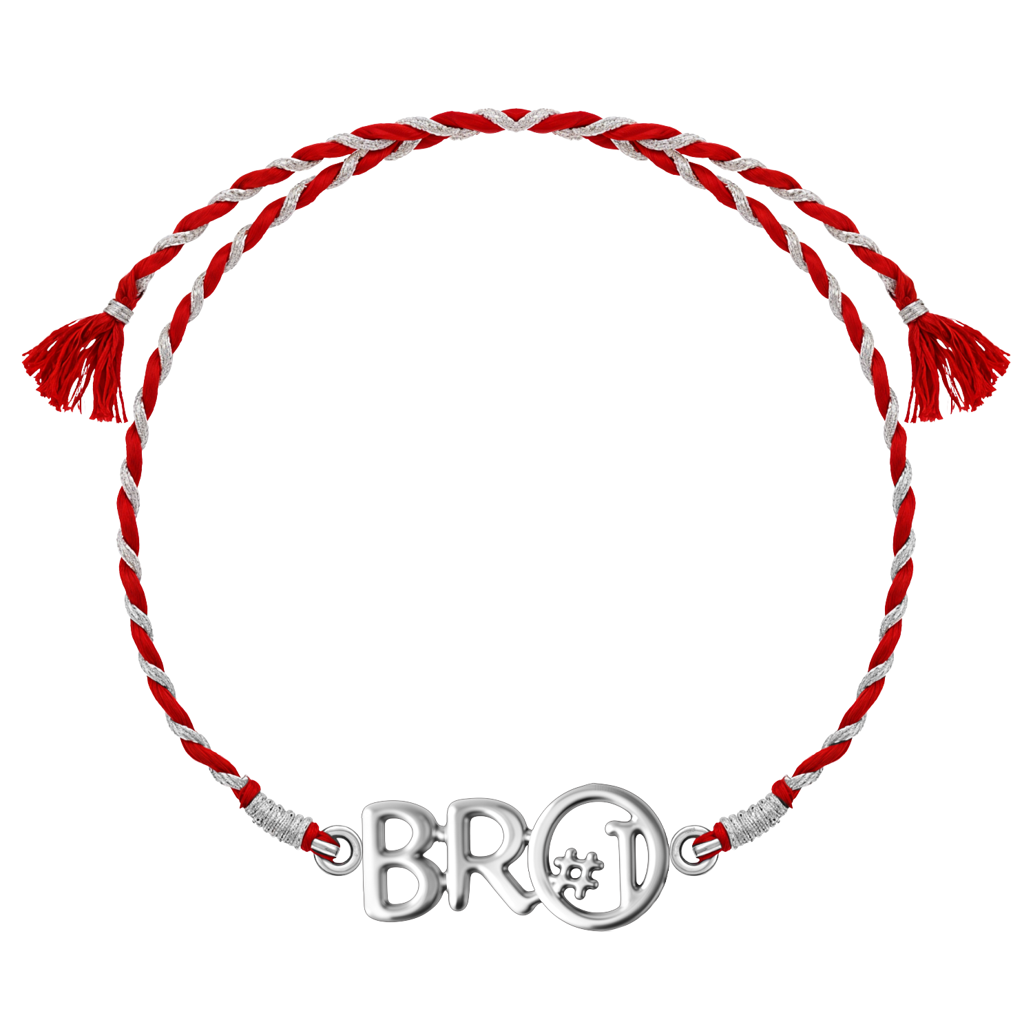 A 925 sterling silver rakhi for brother with a 'BRO #1' hashtag motif on a braided red and silver thread, shown on a white background.