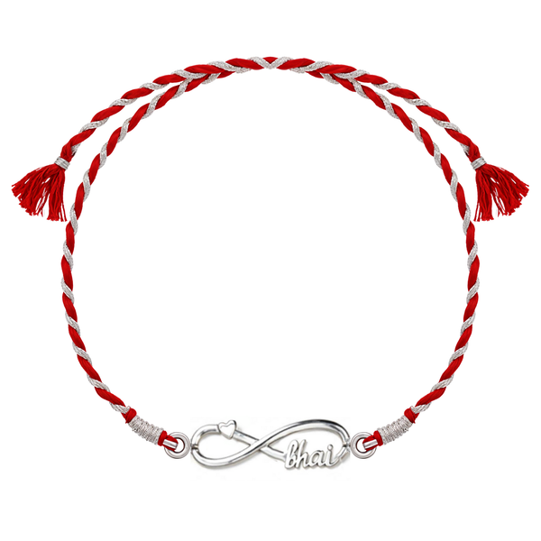 A 925 sterling silver rakhi for brother with an infinity knot, heart, and 'bhai' motif on a red and silver braided thread.
