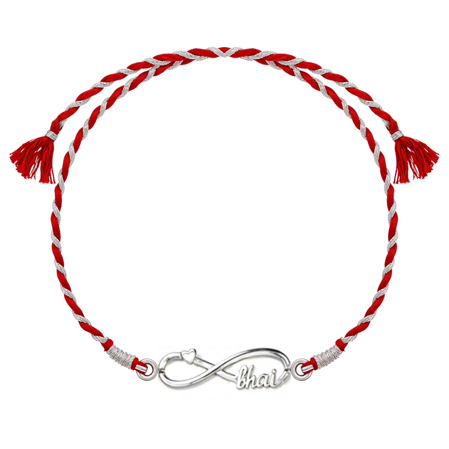 A 925 sterling silver rakhi for brother with an infinity knot, heart, and 'bhai' motif on a red and silver braided thread.