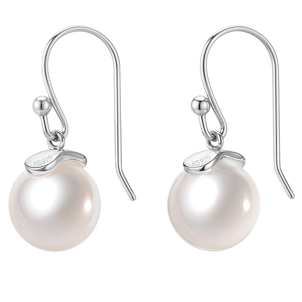 A pair of hook earrings with a round white pearl dangling from a sterling silver cap, shown on a white background.