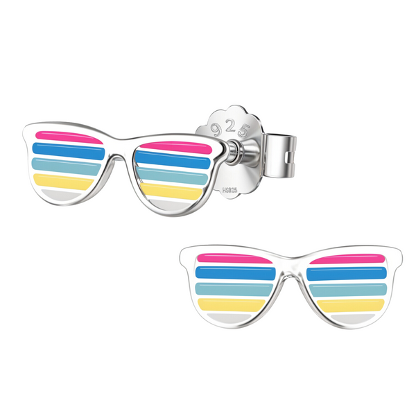 A pair of sterling silver stud earrings shaped like sunglasses with colourful pink, blue, and yellow enamel stripes, on a white background.
