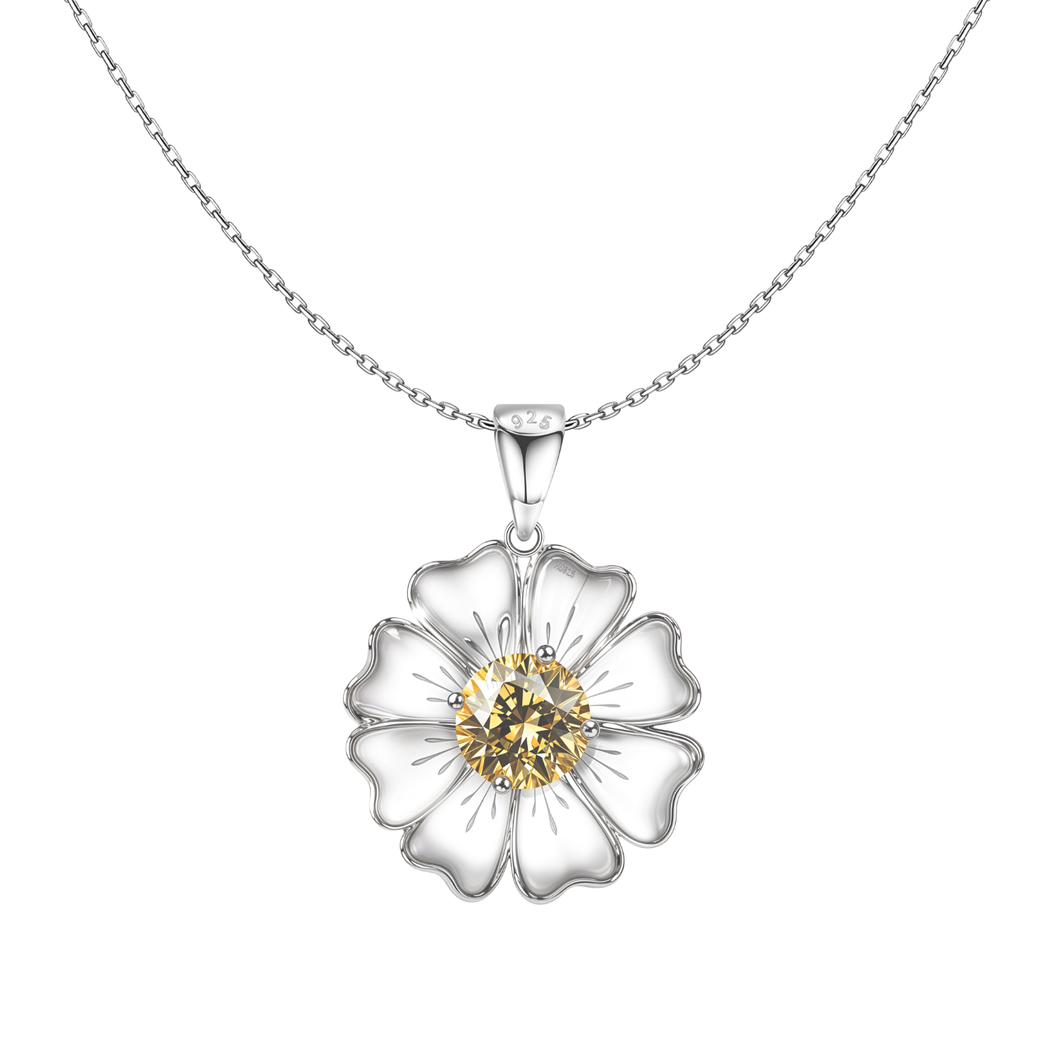A sterling silver pendant necklace with a sunflower design featuring a round, prong-set yellow American diamond on a plain white background.