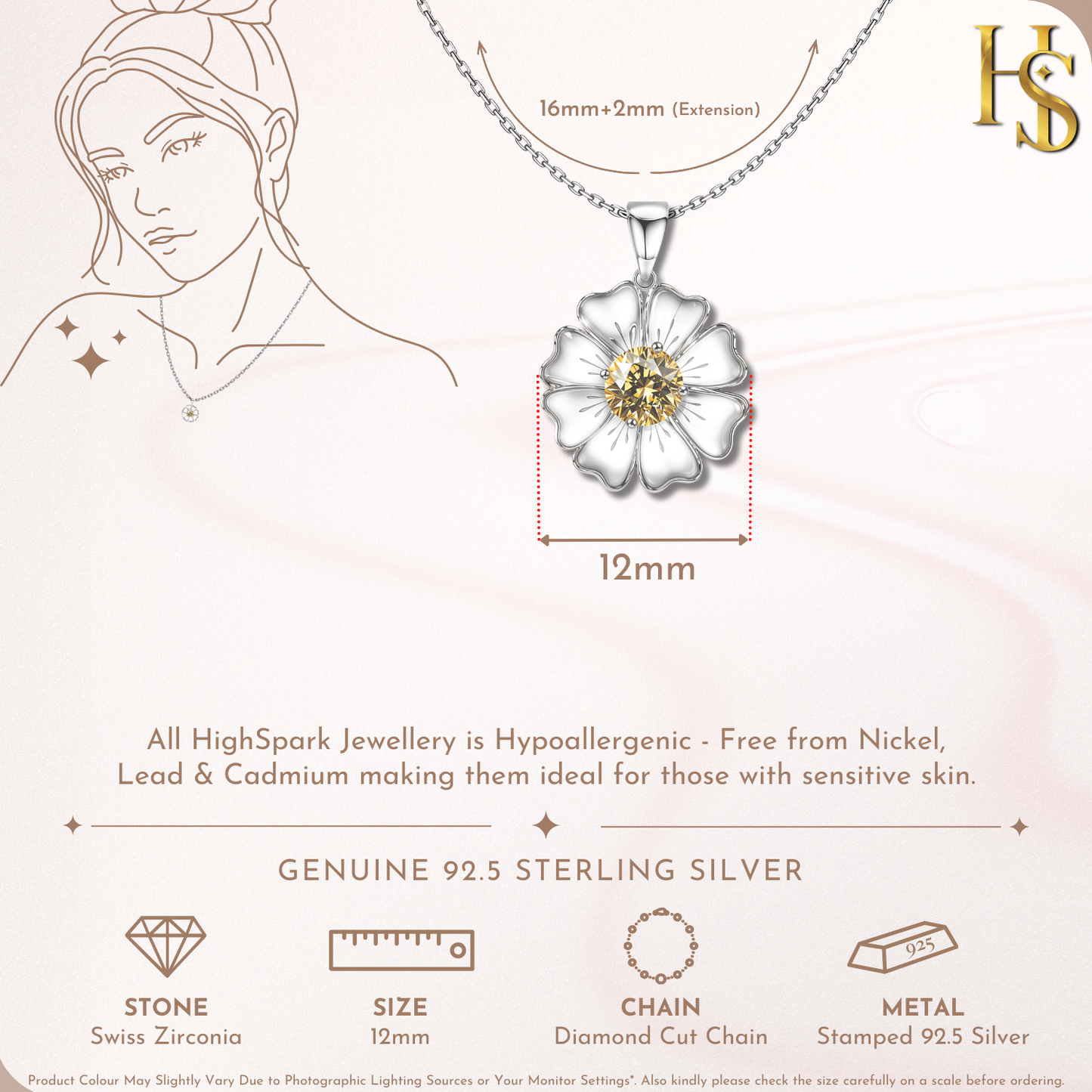 Sunflower Solitaire Pendant in 92.5 Sterling Silver With Diamond like Brilliance Zirconia HighSpark