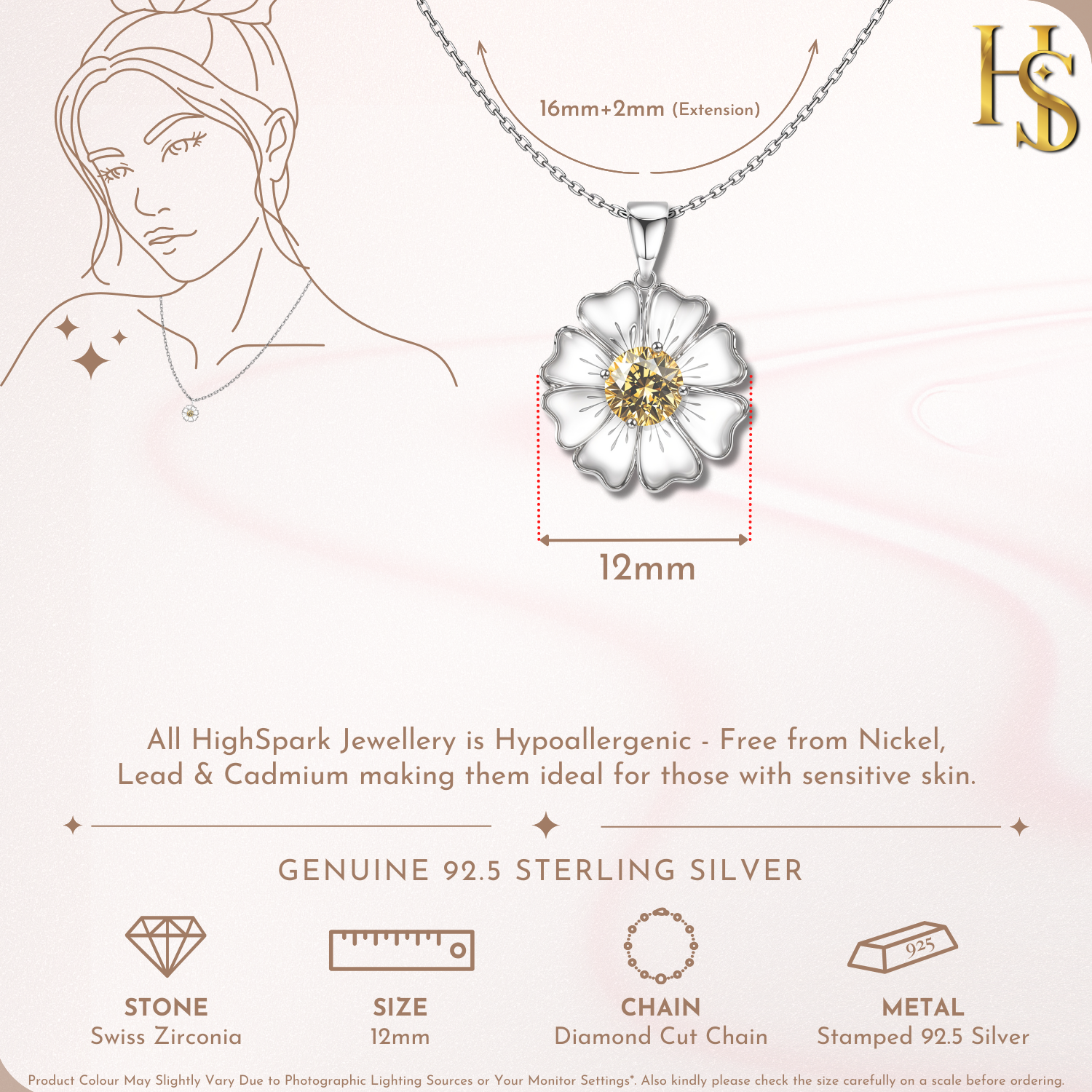 Sunflower Solitaire Pendant in 92.5 Sterling Silver With Diamond like Brilliance Zirconia HighSpark