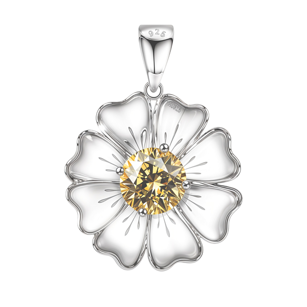 A sterling silver flower pendant with eight petals and a round, yellow American diamond at its center, shown on a white background.