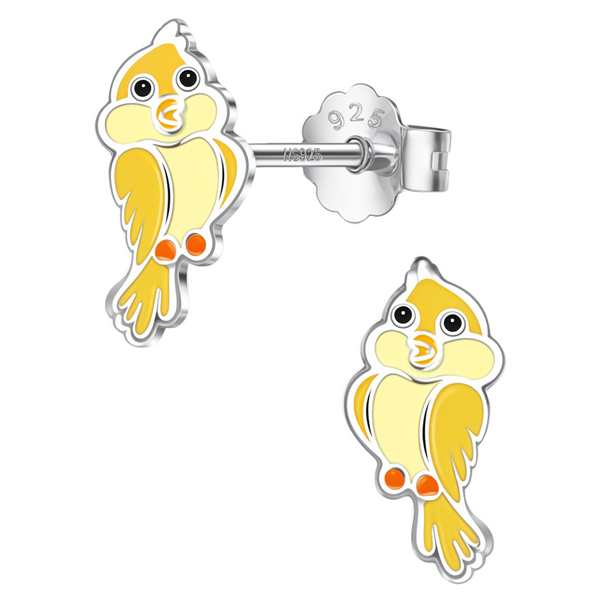 A pair of sterling silver stud earrings in the shape of a cartoon bird with yellow and orange enamel, shown on a white background.