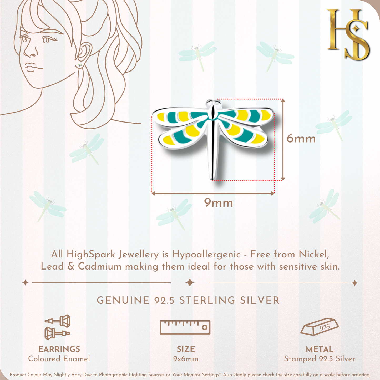 Sunshine Yellow Dragonfly Cute Enamel Stud Earrings in 925 Sterling Silver HighSpark