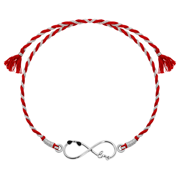 A 925 sterling silver rakhi for brother with an infinity knot centerpiece featuring sunglasses and 'bro' on a red and silver braided thread.