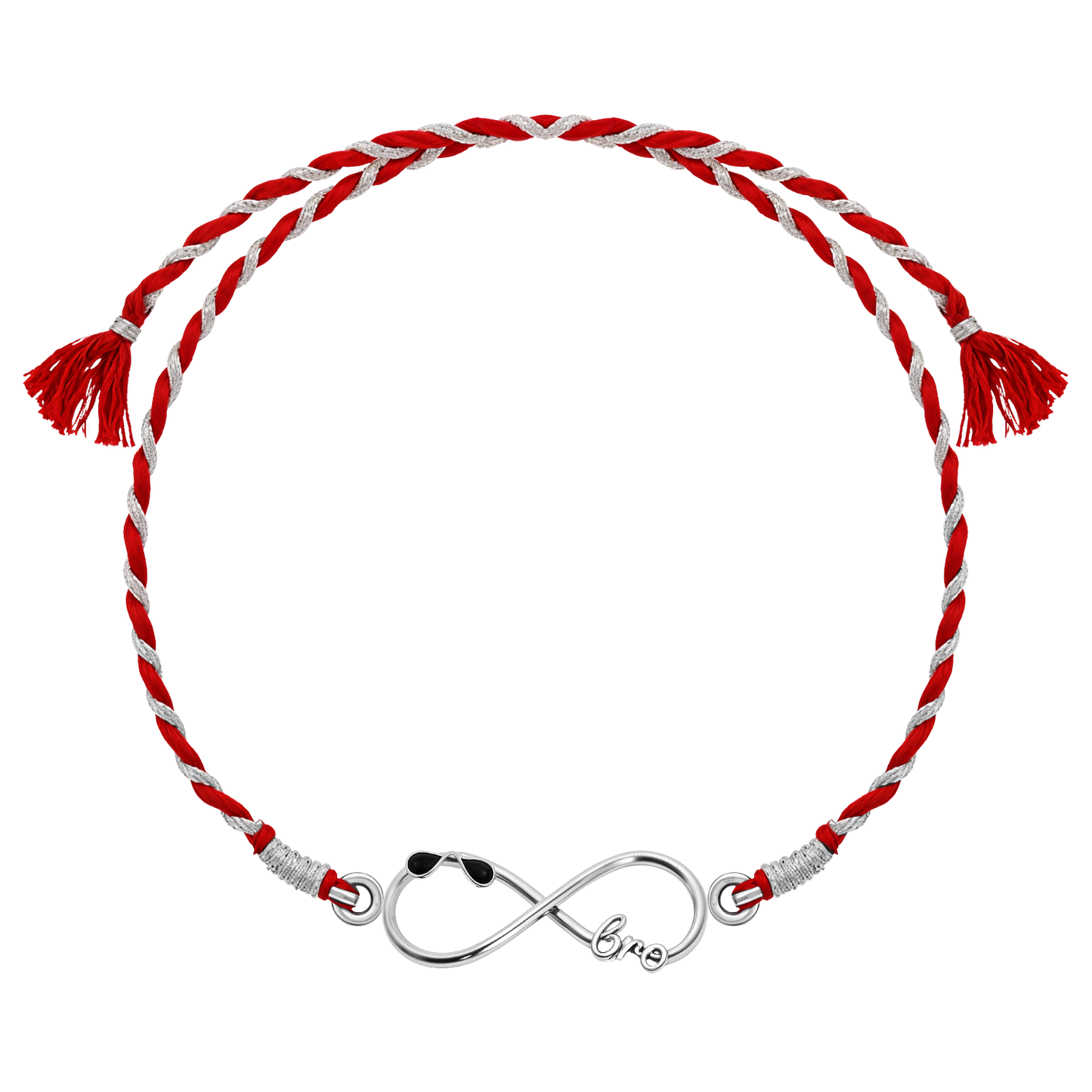 A 925 sterling silver rakhi for brother with an infinity knot centerpiece featuring sunglasses and 'bro' on a red and silver braided thread.