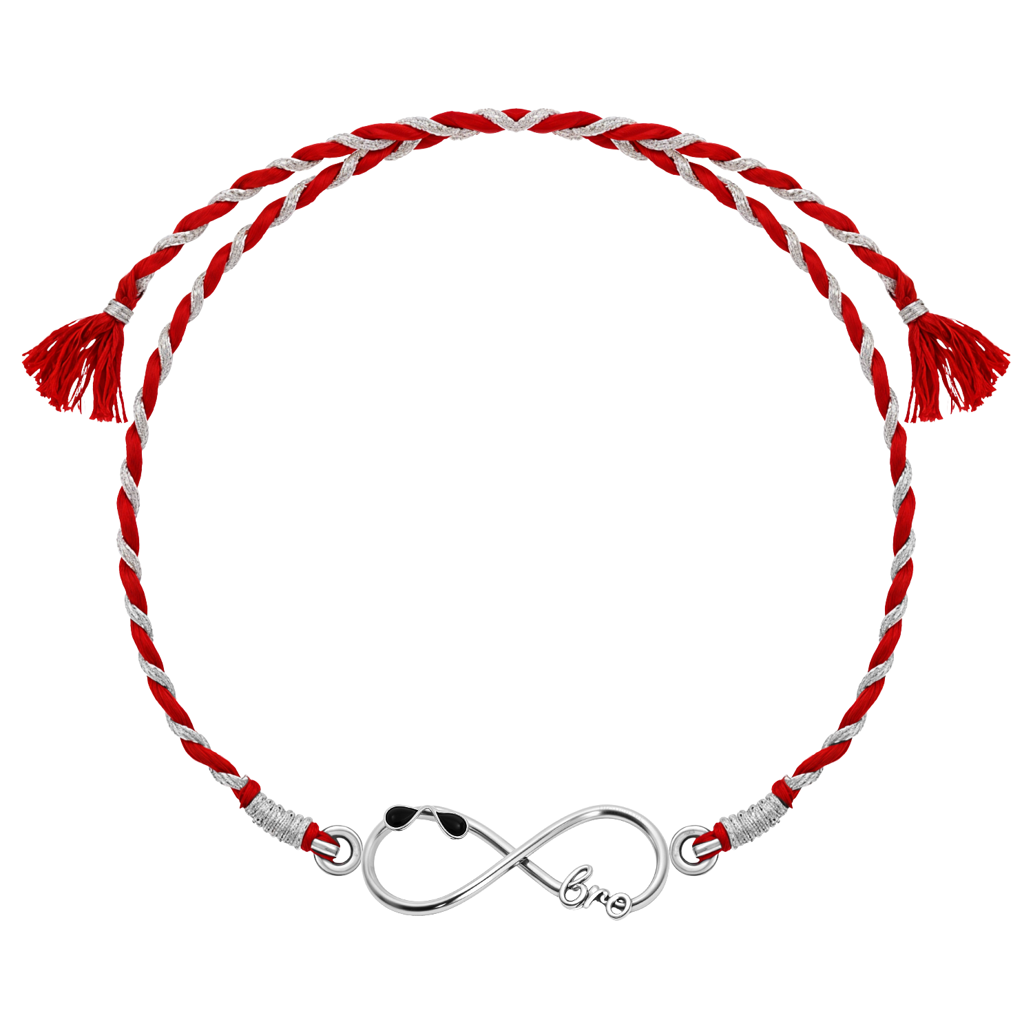 A 925 sterling silver rakhi for brother with an infinity knot centerpiece featuring sunglasses and 'bro' on a red and silver braided thread.