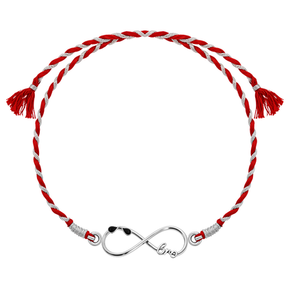 A 925 sterling silver rakhi for brother with an infinity knot centerpiece featuring sunglasses and 'bro' on a red and silver braided thread.