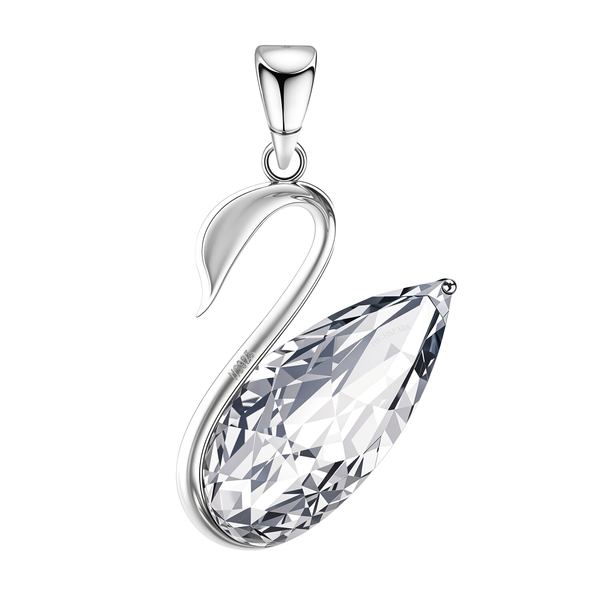 A sterling silver swan grace pendant features a large, faceted, pear-shaped American diamond held in a polished metal setting.