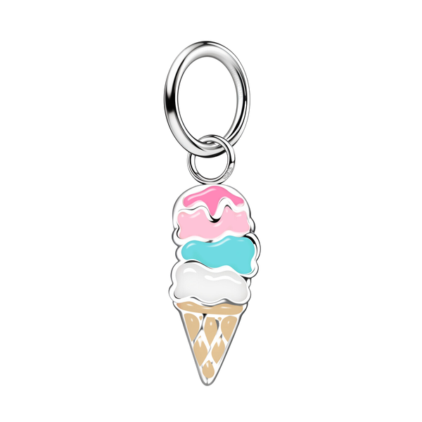 A sterling silver pendant shaped like an ice cream cone with three scoops of pink, blue, and white enamel, on a white background.