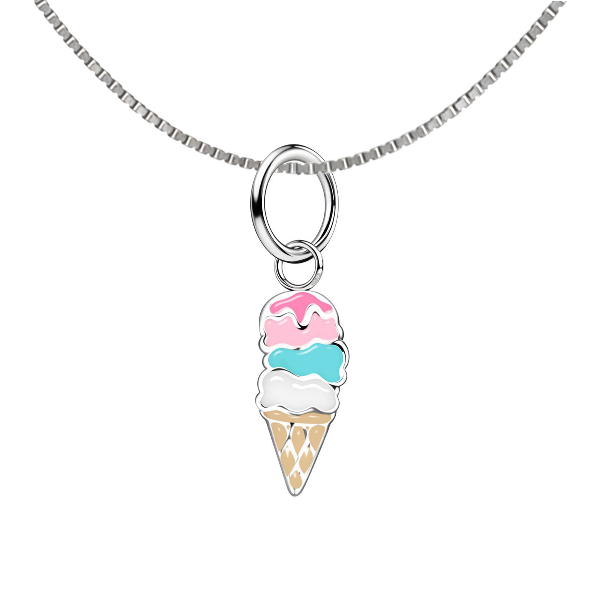 A sterling silver pendant necklace with an ice cream cone charm featuring pink, blue, and white enamel, shown on a plain white background.