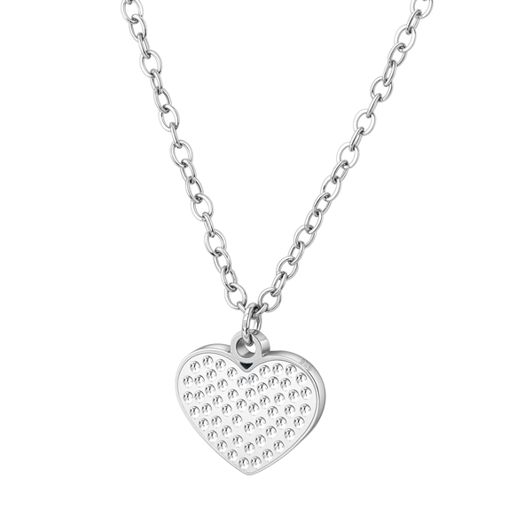 A sterling silver pendant necklace with a heart-shaped charm featuring a textured, beaded surface, shown on a plain white background.