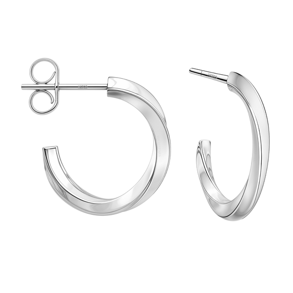 A pair of sterling silver stud hoop earrings with a twisted design and a push back, shown on a plain white background.