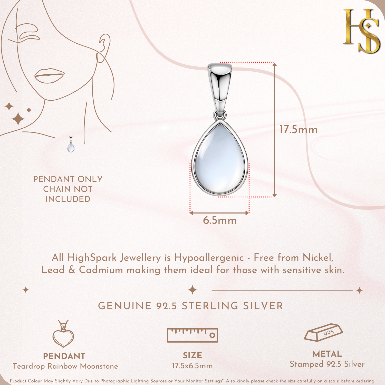 Teardrop Rainbow Moonstone Pendant in 92.5 Sterling Silver For Women HighSpark
