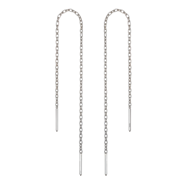 A pair of sterling silver threader earrings with a long cable chain and a solid bar post, shown on a plain white background.
