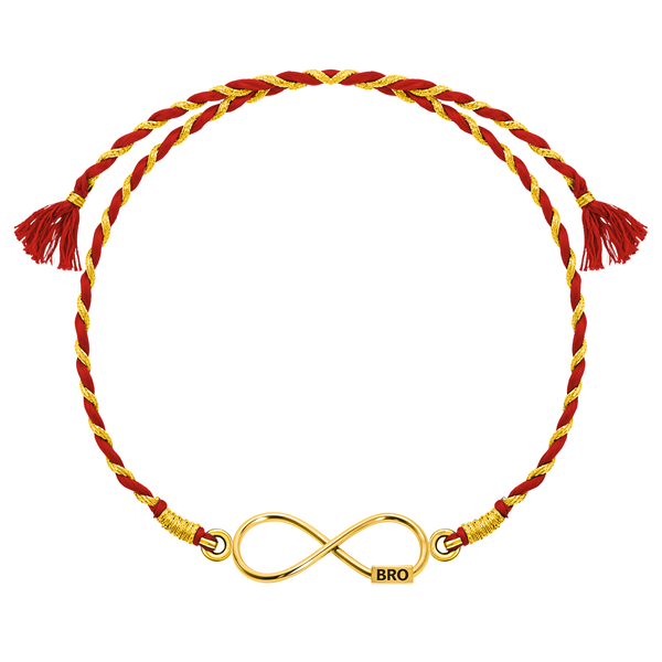 A 925 sterling silver rakhi for brother with an 18K gold finish infinity motif engraved with 'BRO' on a red and gold braided thread.