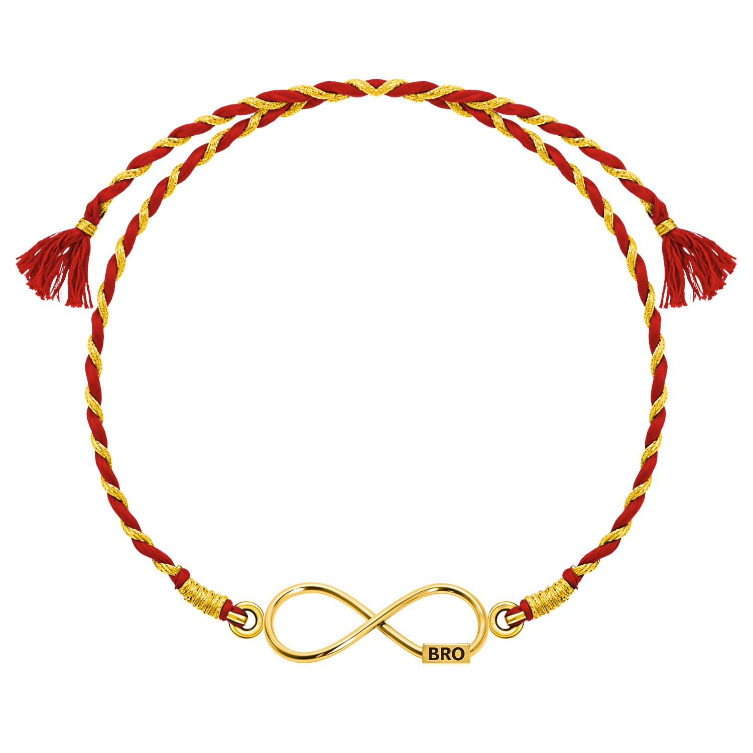 A 925 sterling silver rakhi for brother with an 18K gold finish infinity motif engraved with 'BRO' on a red and gold braided thread.