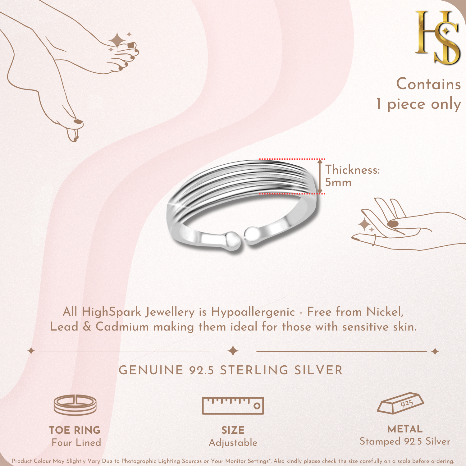 Timeless Four Line Toe Ring - Band Ring - 925 Sterling Silver - 1 Piece HighSpark