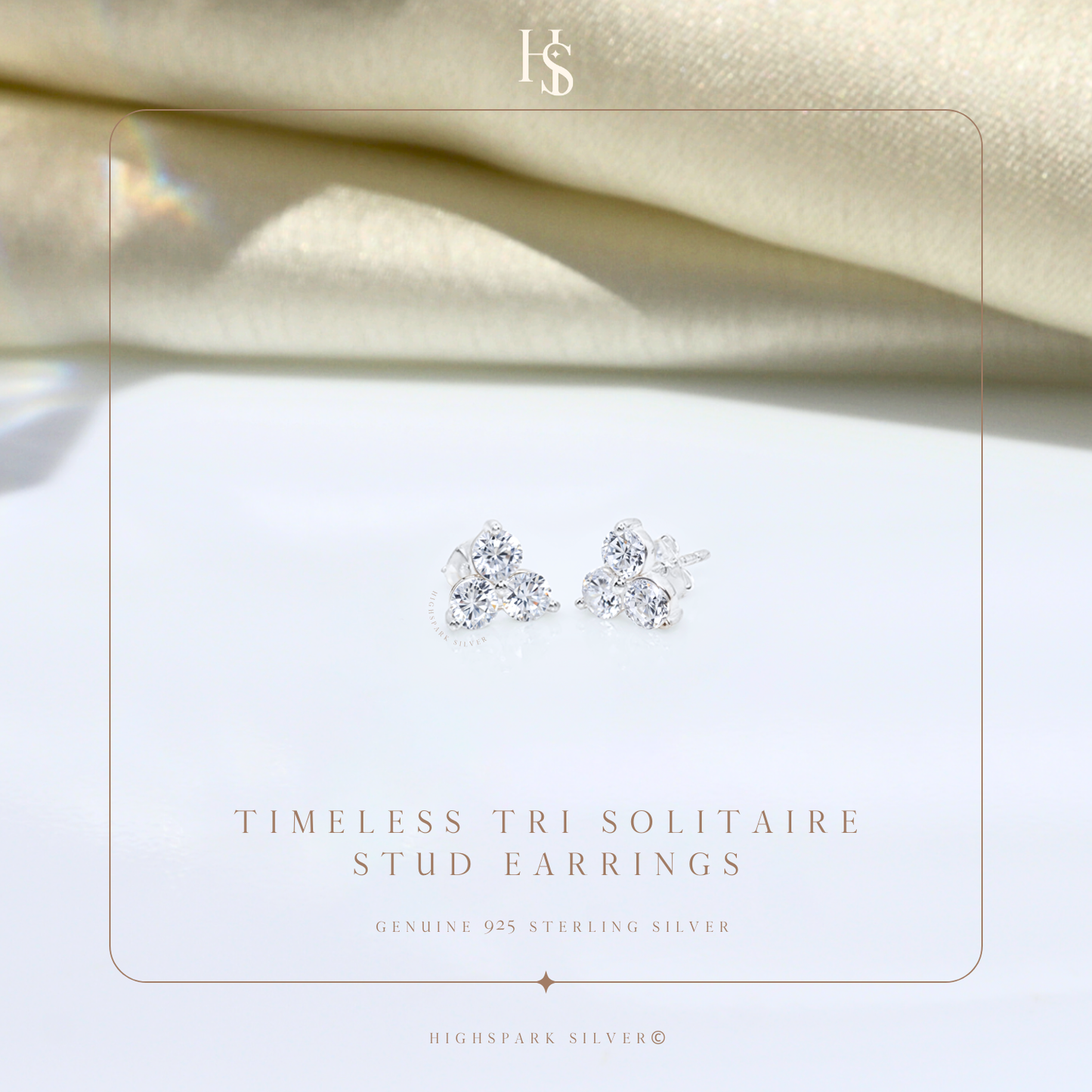 Timeless Tri Soliatire Stud Earrings in 92.5 Sterling Silver with Diamond like Brilliance Zirconia HighSpark