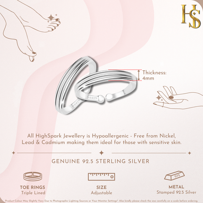 Timeless Triple Line Toe Rings - Band Rings - 925 Sterling Silver - 2 Pieces HighSpark