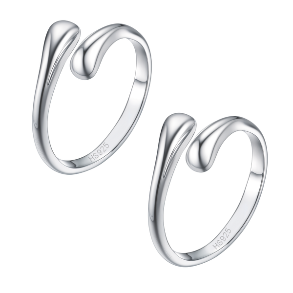 A pair of adjustable sterling silver toe rings with an open band design featuring two overlapping dew drop ends.