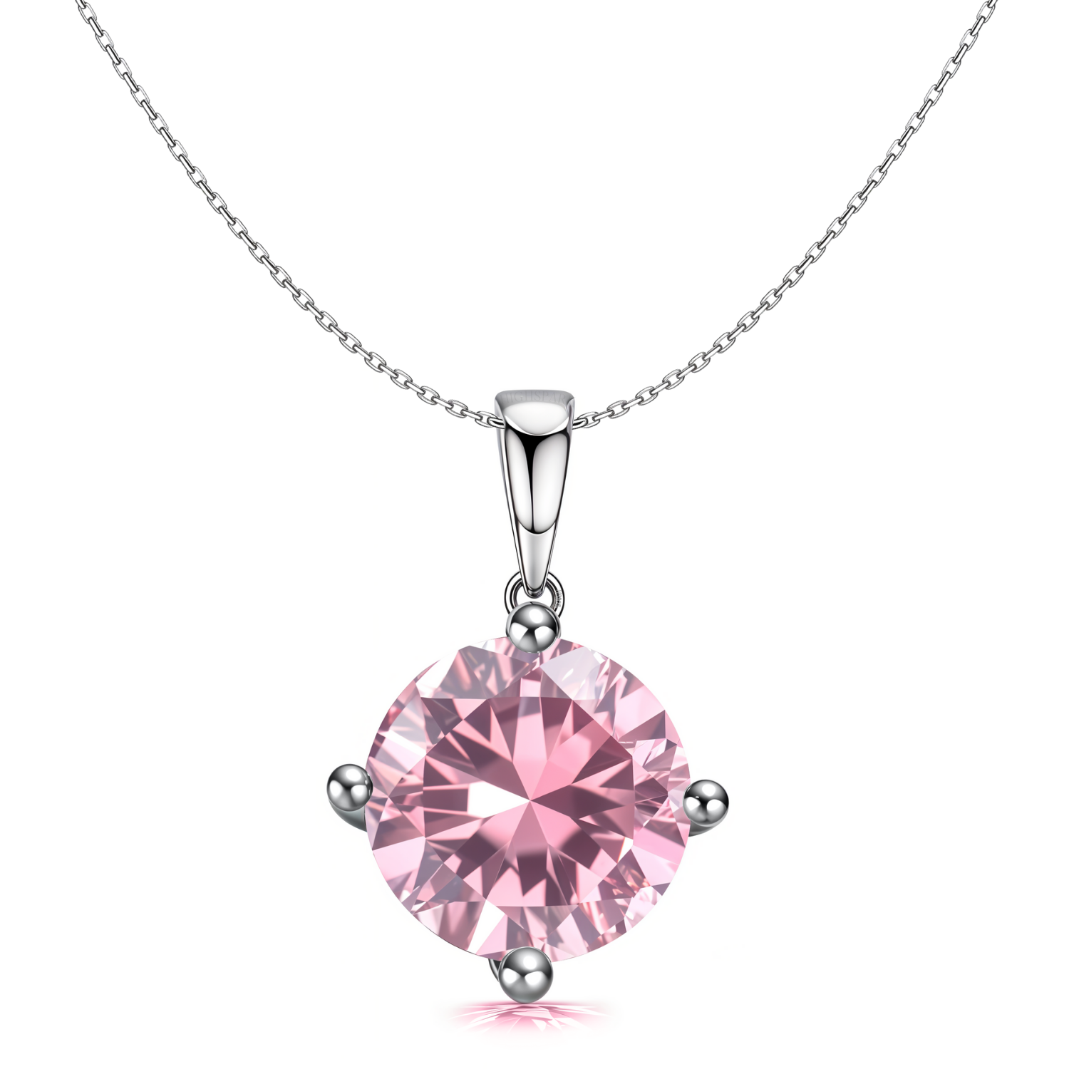 Pendant necklace with a round, brilliant-cut pink tourmaline American diamond in a four-prong setting on a sterling silver chain.