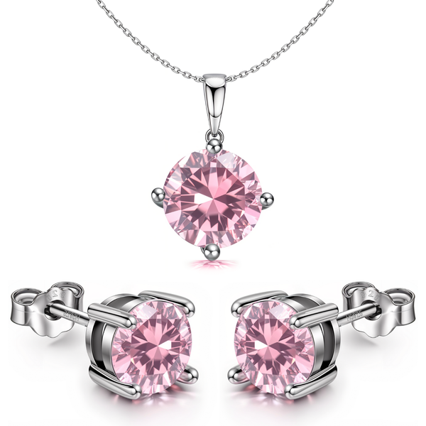 A sterling silver pendant and stud earring set with large, round, pink American diamonds in a four-prong setting on a white background.