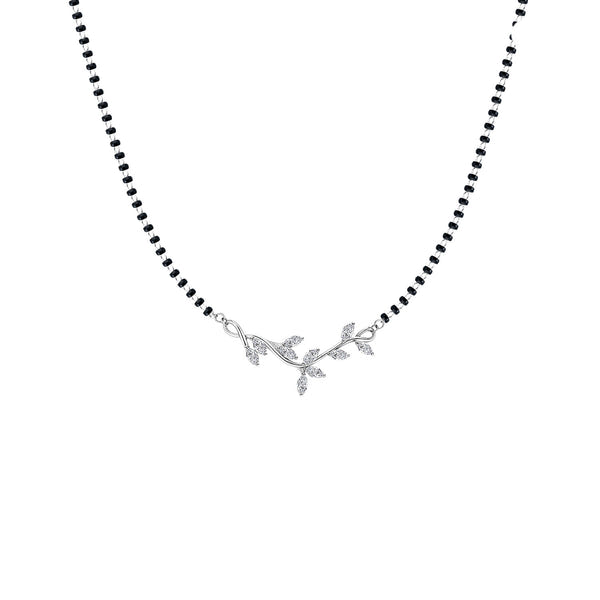 A chandi ke mangalsutra featuring a leafy vine pendant with marquise-cut American diamonds on a traditional black beaded sterling silver.