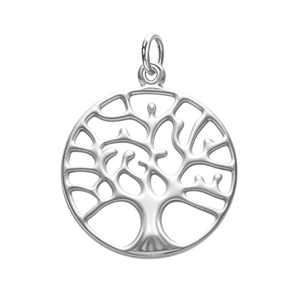 A circular Tree of Life pendant with an openwork design, crafted in sterling silver and shown on a white background.