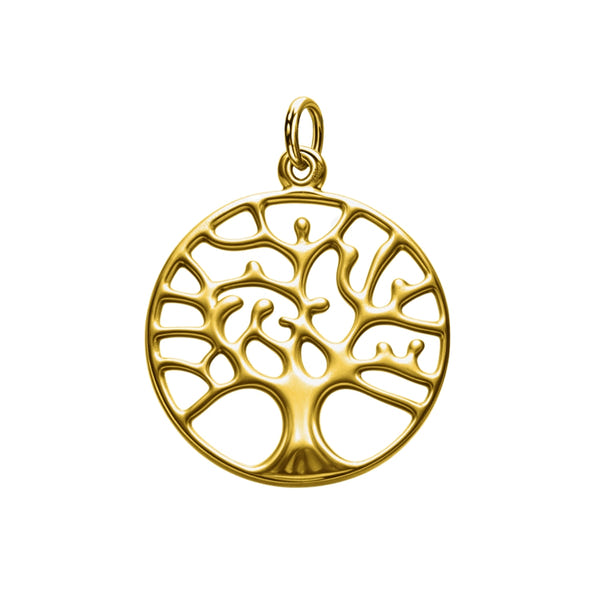 A gold-plated sterling silver pendant featuring a round, openwork Tree of Life motif, shown on a plain white background.