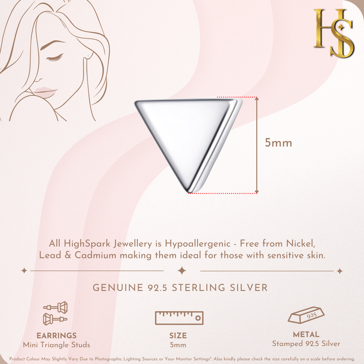 Infographic showing the features and 5mm size of a pair of mini triangle stud earrings in polished sterling silver.