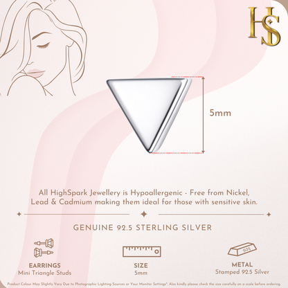 Infographic showing the features and 5mm size of a pair of mini triangle stud earrings in polished sterling silver.