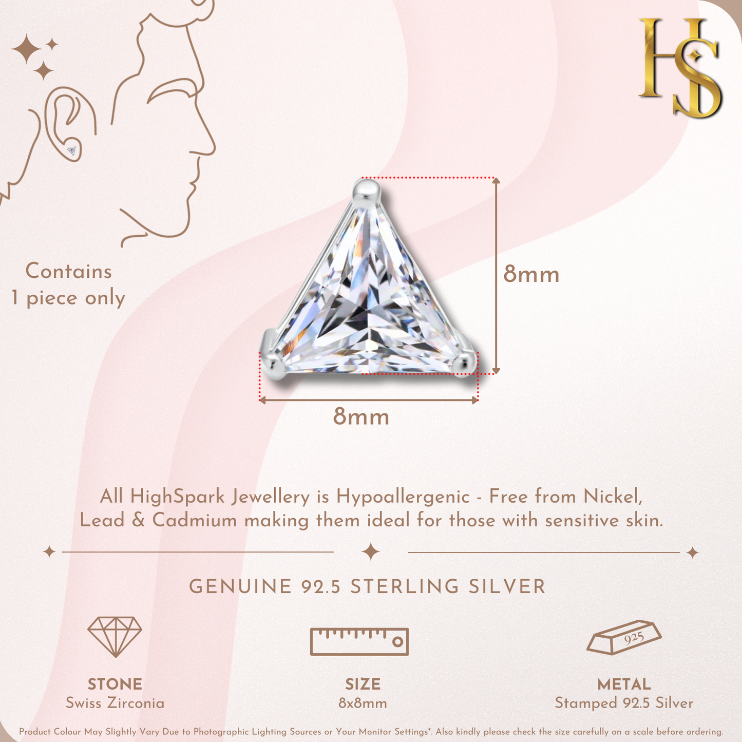 Infographic for a single stud earring showing its 8x8mm dimensions and a trillion-cut American diamond in a sterling silver setting.