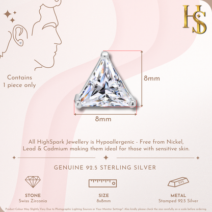 Infographic for a single stud earring showing its 8x8mm dimensions and a trillion-cut American diamond in a sterling silver setting.