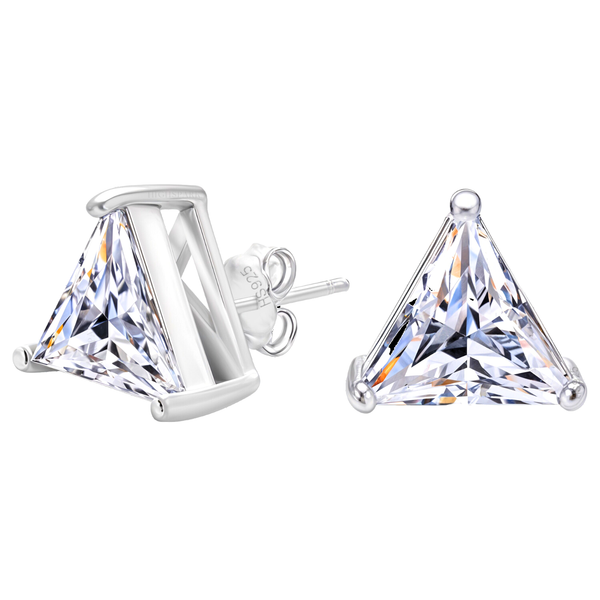 A pair of stud earrings with trillion-cut American diamond solitaires in a three-prong sterling silver setting on a white background.