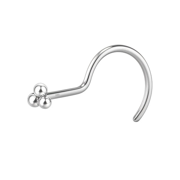 A sterling silver nose pin with a trinity cluster of three small spheres and a curved screw back, shown on a white background.