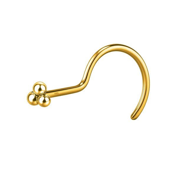 A gold-plated sterling silver nose pin with a trinity cluster of three tiny spheres and a curved screw back, on a white background.
