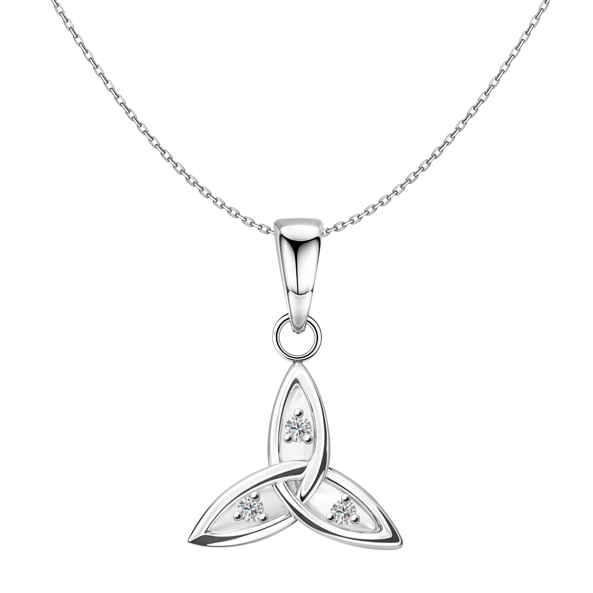 A sterling silver pendant necklace with a Trinity knot design, featuring three round American diamonds, on a plain white background.