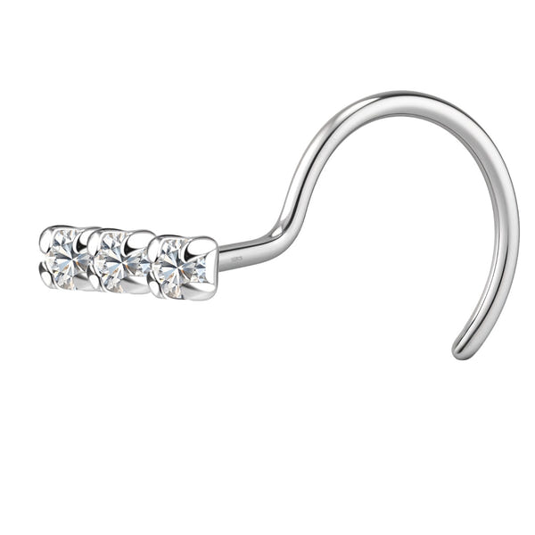 A sterling silver nose pin with a curved screw back, featuring three round American diamonds in a row, each in a four-prong setting.