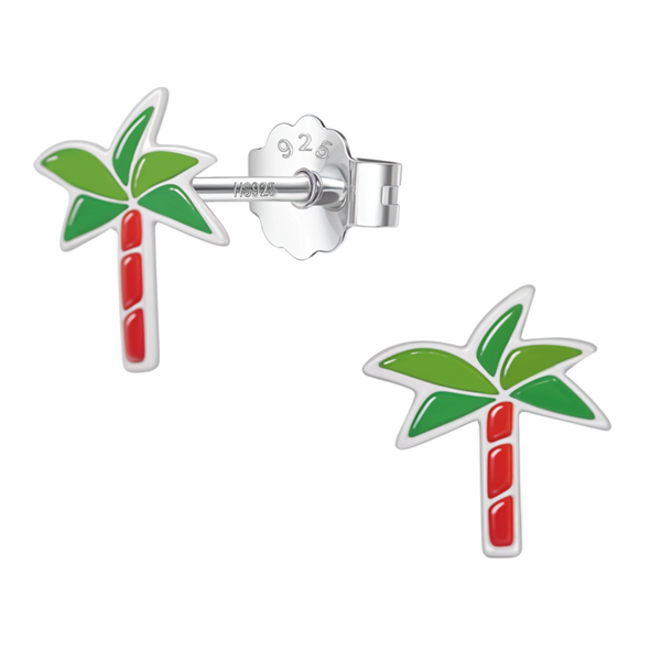 A pair of sterling silver stud earrings in a palm tree shape with green and red enamel, shown on a white background.