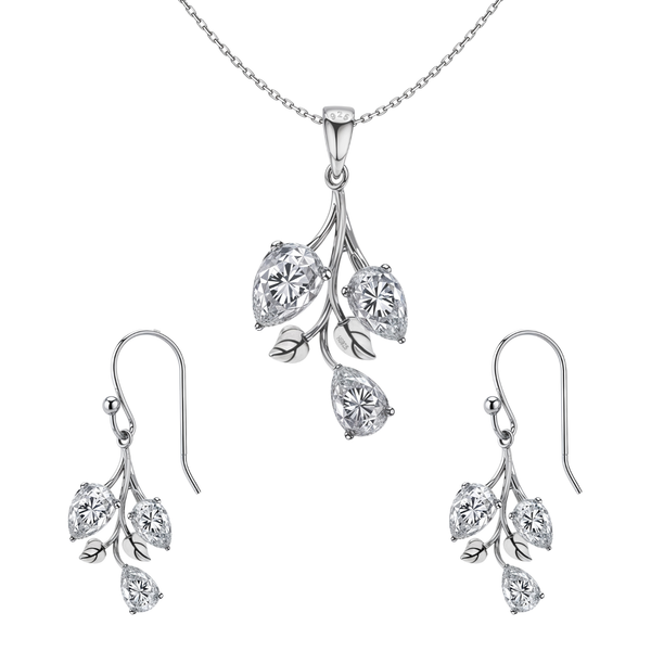A sterling silver pendant necklace and matching fish hook earrings set with a vine motif.