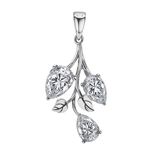 A sterling silver tulip pendant featuring three pear-cut American diamonds as buds on a polished vine with small leaves.